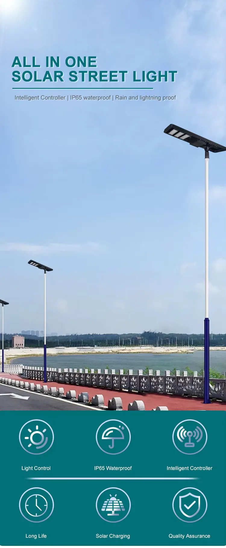 TK408 Series Solar Street Light — product detail 1/10 · IP66 all-in-one solar street light, 8-12 m pole, SMD 3030 60-120 LED, 15V/80-150W panel
