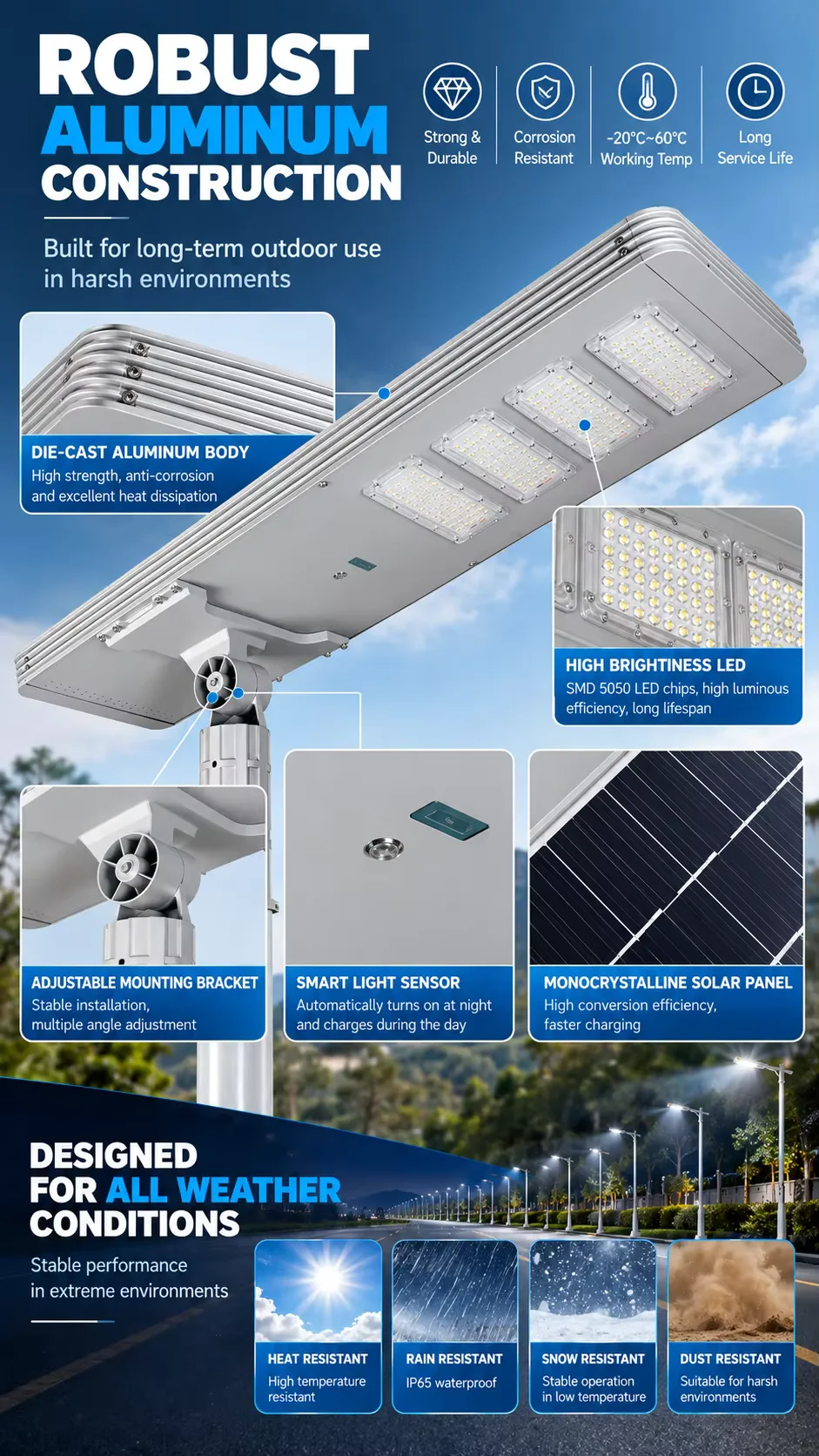 TR408 Series Solar Street Light — product detail 6/9 · IP66 all-in-one solar street light, 8-12 m pole, SMD 5050 96-144 LED, 15V/80-150W panel