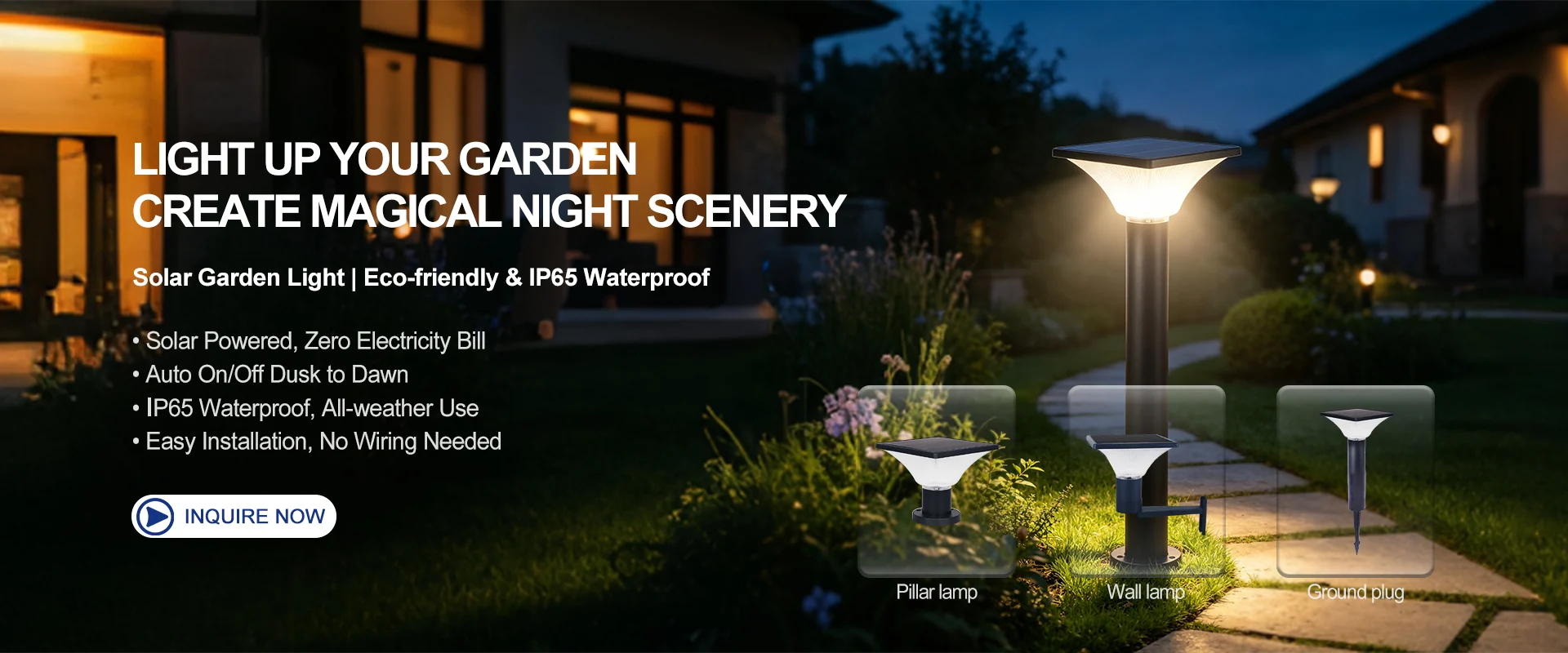 Solar garden lighting a villa garden at night — pillar lamp, wall lamp and ground plug, solar powered and IP65 waterproof